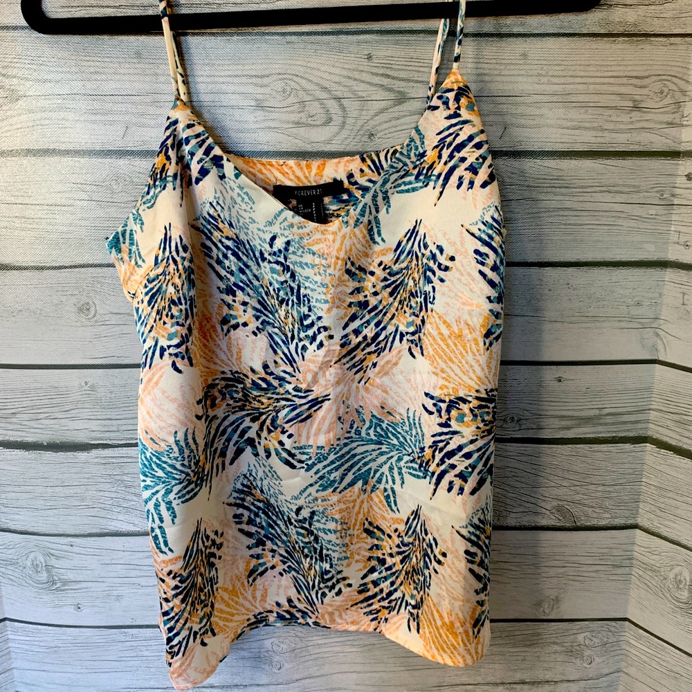 Forever 21 Top Small Spaghetti V Neck Tank Top Shirt Floral Boho Cami White Y2K
